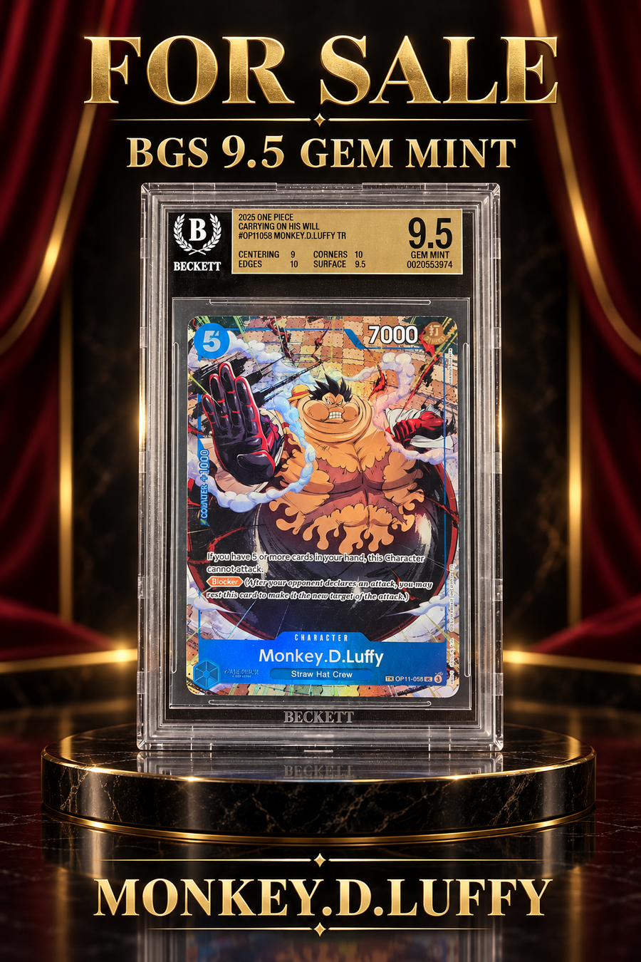 One Piece Monkey.D.Luffy OP11-058 Treasure Rare BGS 9.5 Gem Mint slab, cert 0020553974