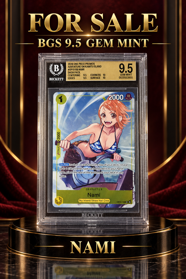 One Piece Nami OP15-108 Dash Pack promo BGS 9.5 Gem Mint slab, cert 0020553955