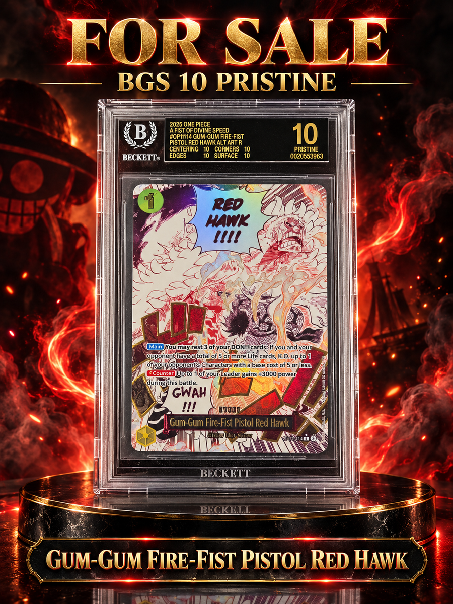 One Piece OP11-114 Gum-Gum Fire-Fist Pistol Red Hawk manga alt art BGS 10 Pristine Black Label slab, cert 0020553963