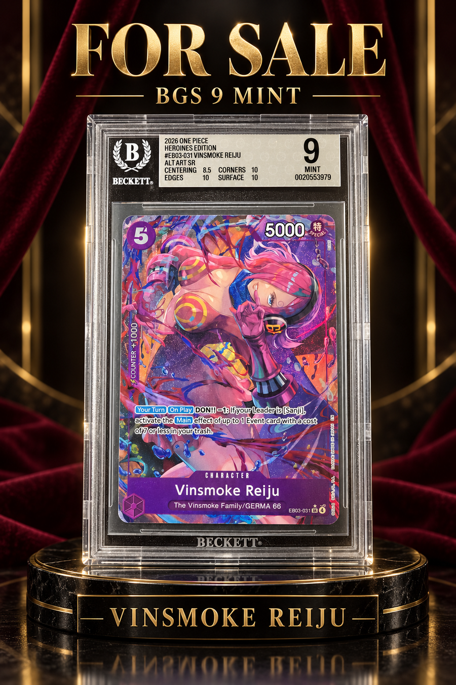 One Piece Vinsmoke Reiju EB03-031 alternate art BGS 9 Mint slab, cert 0020553979