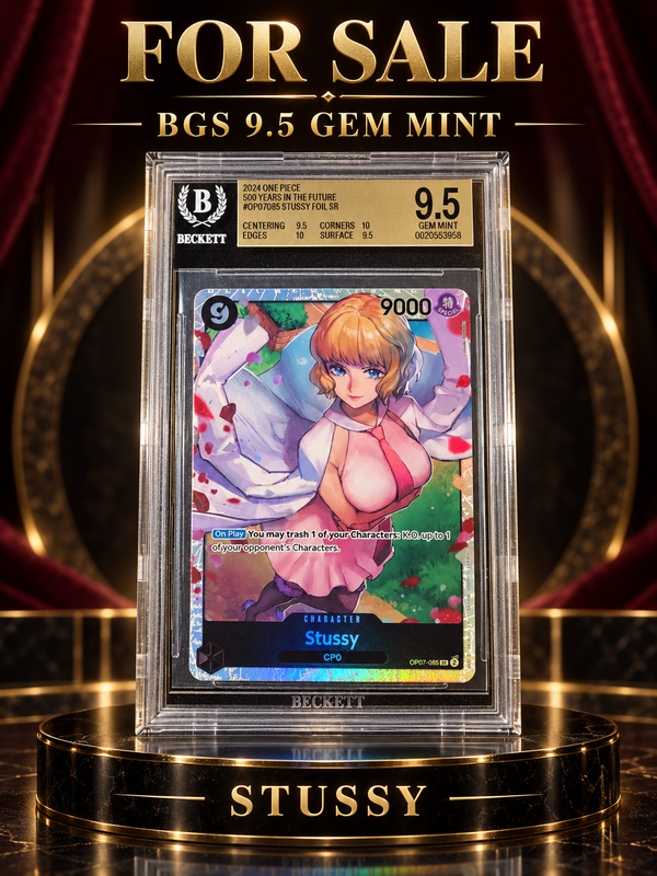 One Piece Stussy OP07-085 alternate art BGS 9.5 Gem Mint slab, cert 0020553958