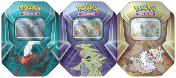 All three variants inside the sealed case - Darkrai, Tyranitar, and Slaking Pokemon TCG Triple Whammy Tins (2 of each per case)