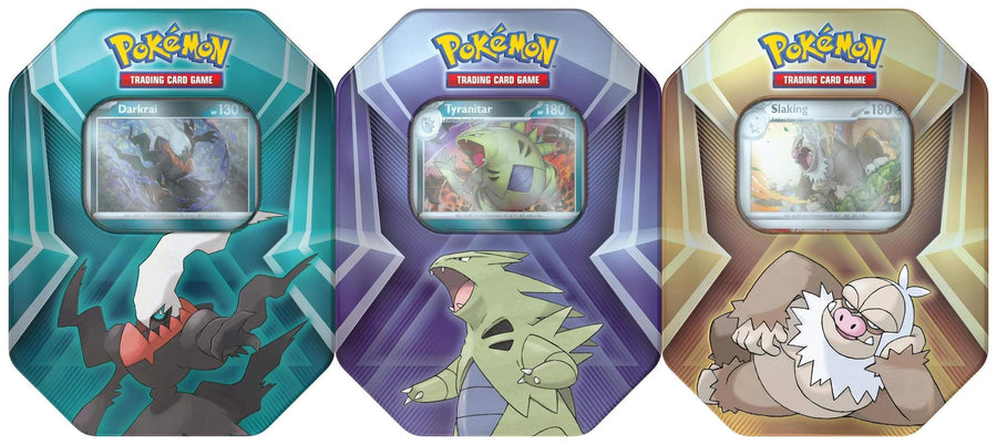 All three variants inside the sealed case - Darkrai, Tyranitar, and Slaking Pokemon TCG Triple Whammy Tins (2 of each per case)